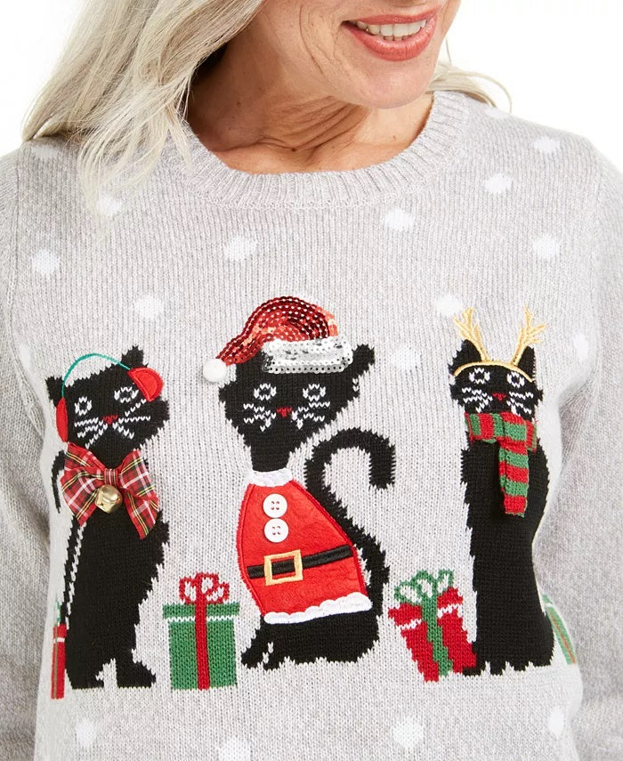Karen Scott Women's Cat Applique Holiday Sweater Med Gray Size Medium