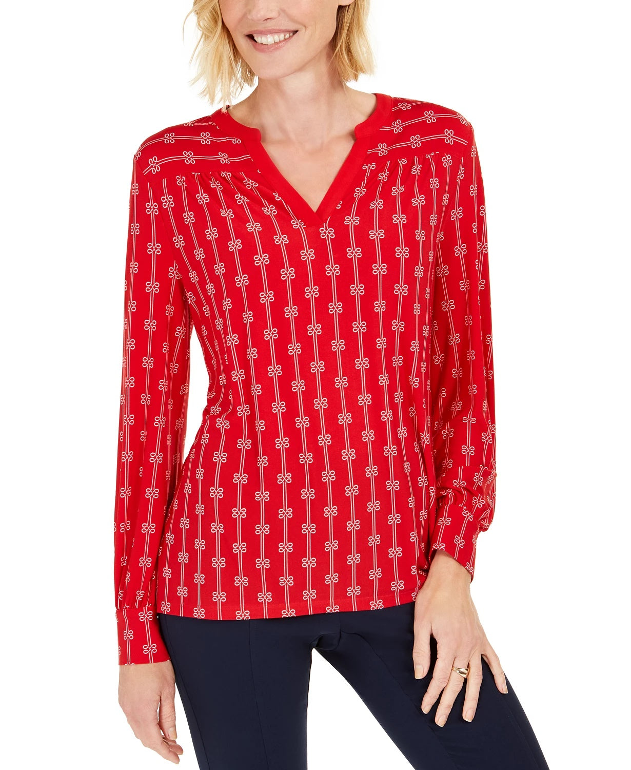 Charter Club Women's Printed Split Neck Top Red Size Large
