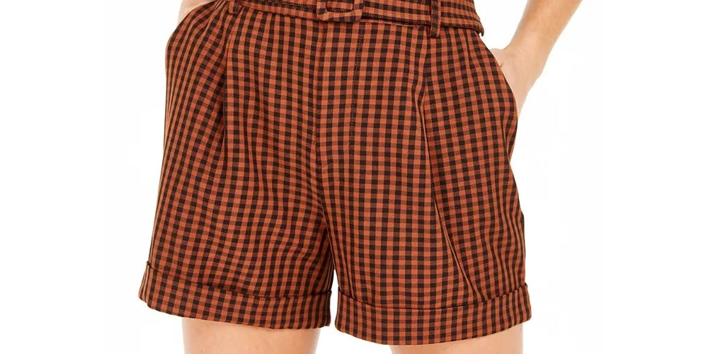 Bar III Women's Becca Tilley X Powersuit Gingham Belted Shorts Orange Size 14