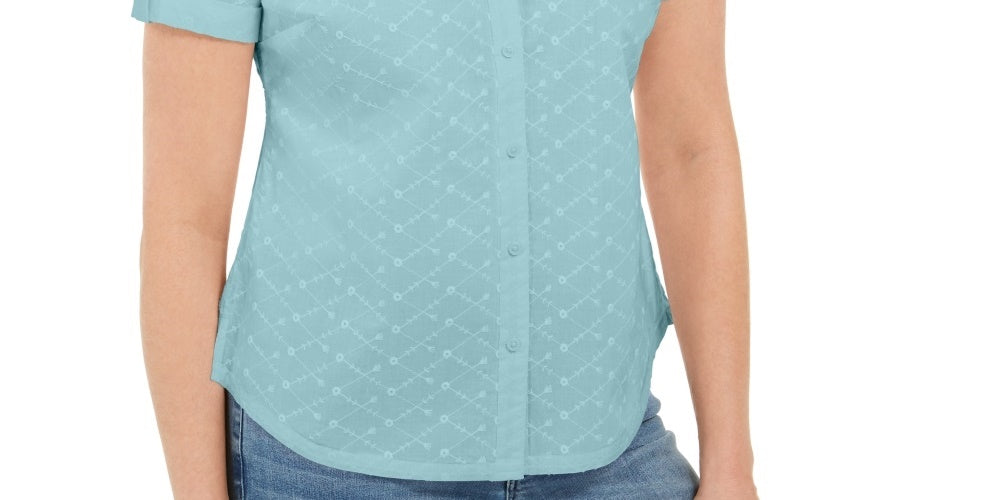 Karen Scott Women's Cotton Embroidered Shirt Blue Size Small