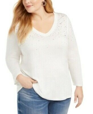 INC International Concepts Women's Embellished Metallic 3/4 Sleeve Top White Size 1X
