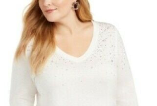 INC International Concepts Women's Embellished Metallic 3/4 Sleeve Top White Size 1X
