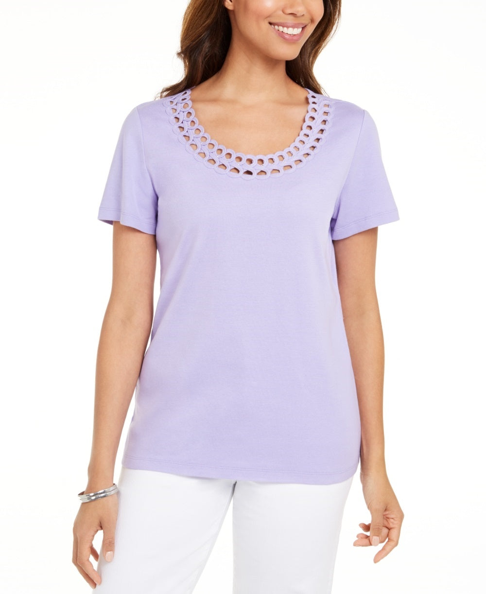 Karen Scott Women's Cotton Scalloped-Neck T-Shirt Purple Size Small
