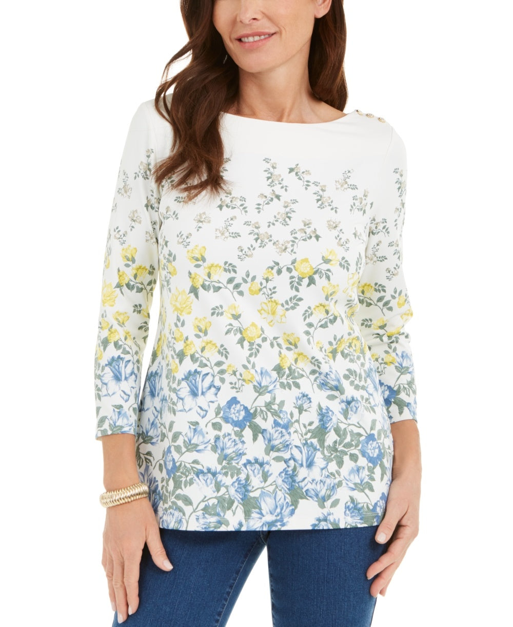 Charter Club Women's Floral Print Boat Neck Top  White Size X-Small