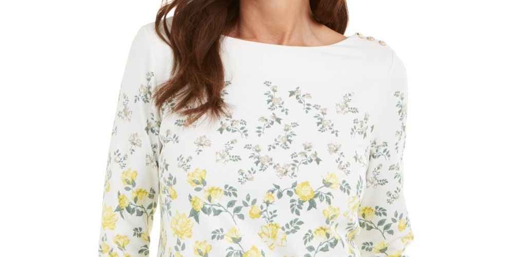 Charter Club Women's Floral Print Boat Neck Top  White Size X-Small