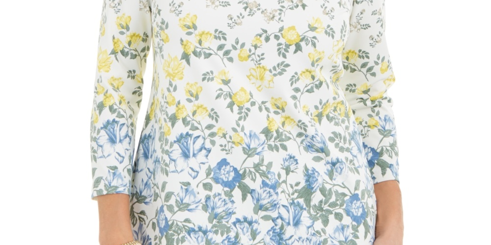 Charter Club Women's Floral Print Boat Neck Top  White Size X-Small