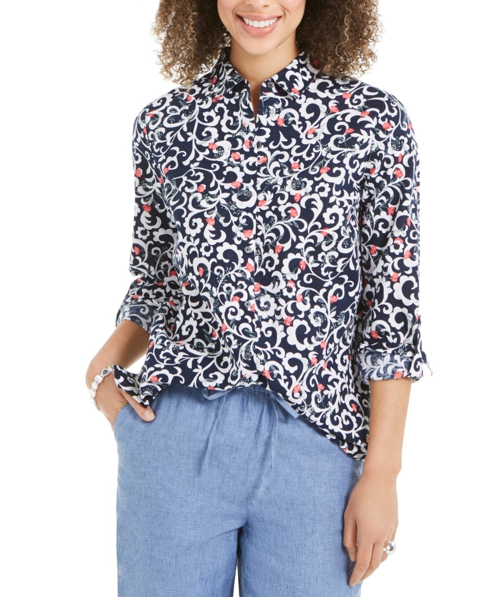 Charter Club Women's Floral-Print Tab-Sleeve Linen-Blend Shirt Blue Size Medium