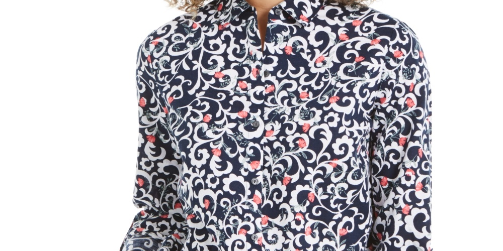 Charter Club Women's Floral-Print Tab-Sleeve Linen-Blend Shirt Blue Size Medium