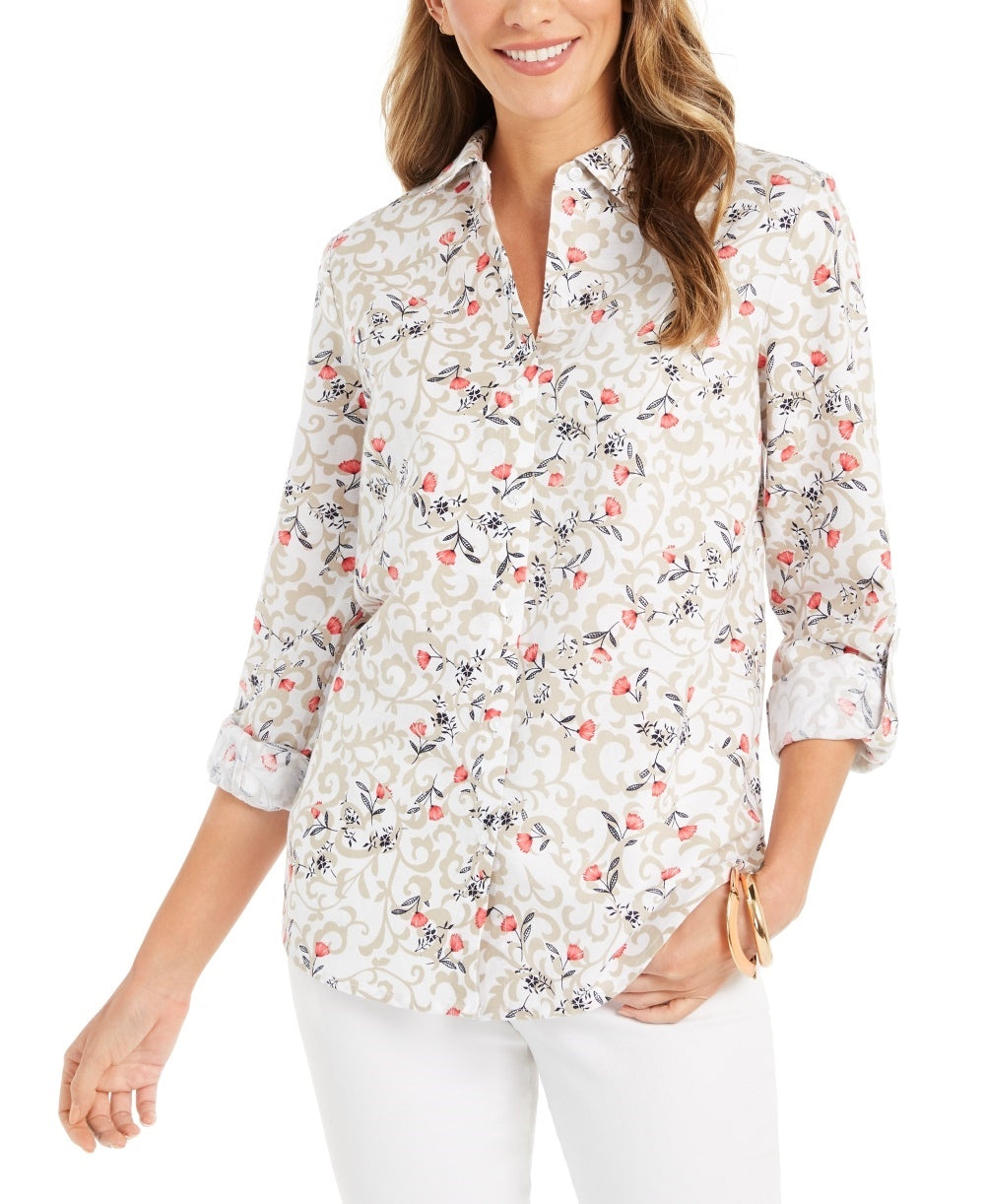 Charter Club Women's Floral-Print Tab-Sleeve Linen-Blend Shirt White Size X-Small