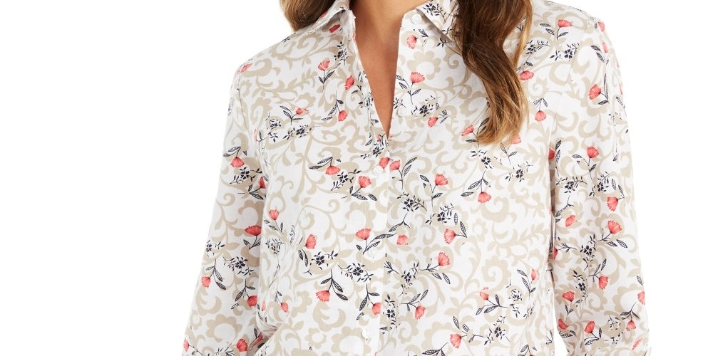 Charter Club Women's Floral-Print Tab-Sleeve Linen-Blend Shirt White Size X-Small