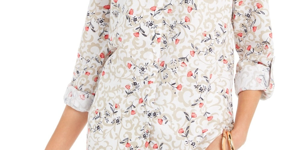 Charter Club Women's Floral-Print Tab-Sleeve Linen-Blend Shirt White Size X-Small