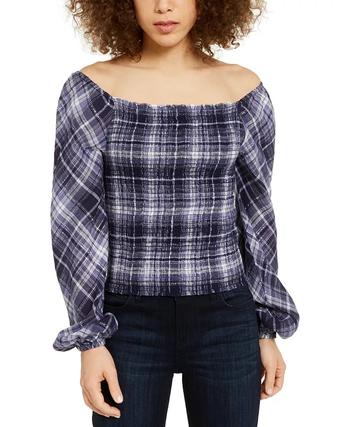 INC International Concepts Women's Plaid Smocked-Bodice Top Turq/Aqua Size Small