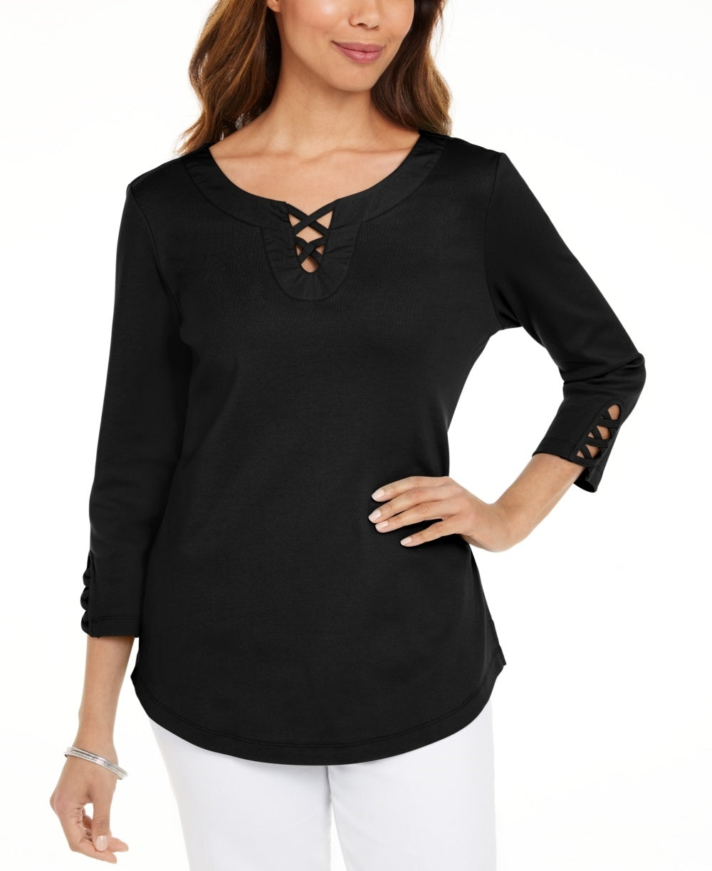 Karen Scott Women's Cotton Lace Up T-Shirt Black Size X-Small
