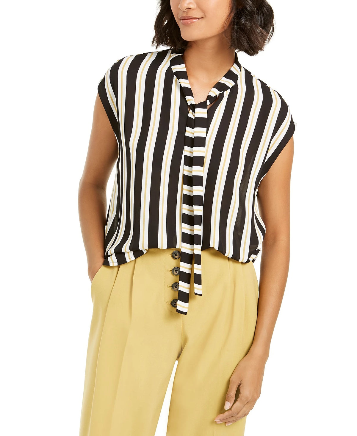 Bar III Women's Striped Tie-Neck Blouse Black Size XX Small
