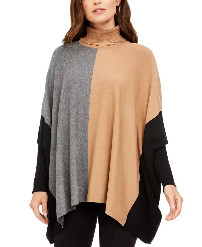 Alfani Women's Turtleneck Colorblock Poncho Sweater Blue Size Small
