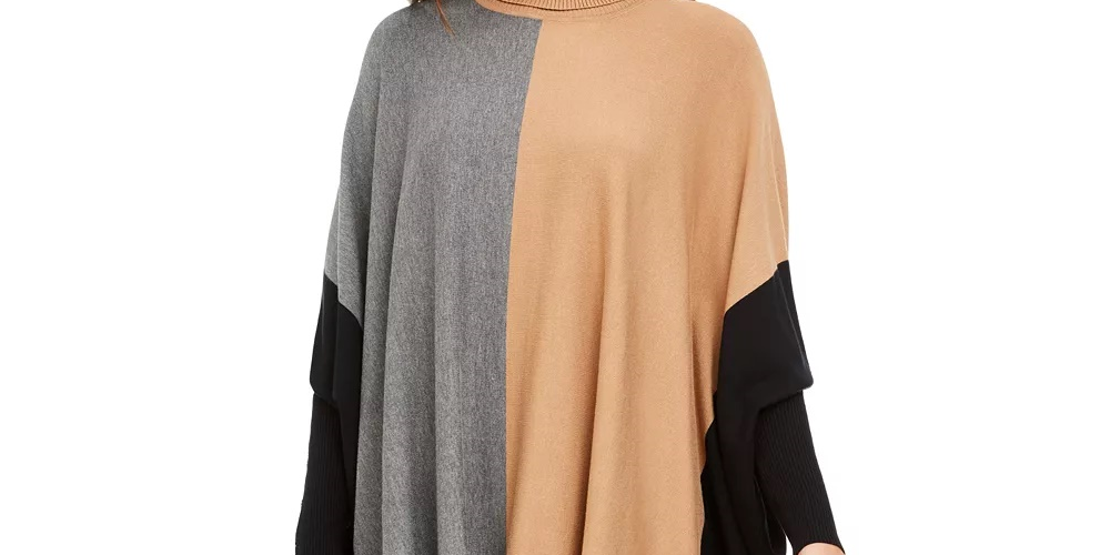 Alfani Women's Turtleneck Colorblock Poncho Sweater Blue Size Small