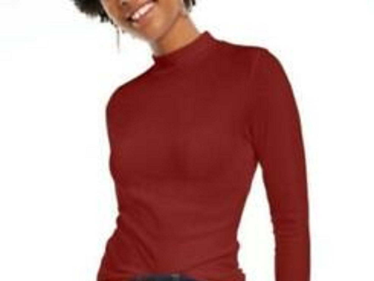 Derek Heart Juniors' Mock-Neck Lettuce-Trim Top Red Size Medium