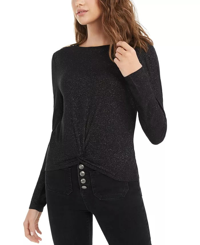 Planet Gold Juniors' Twist-Front Sparkly Ribbed Top Black Size Small