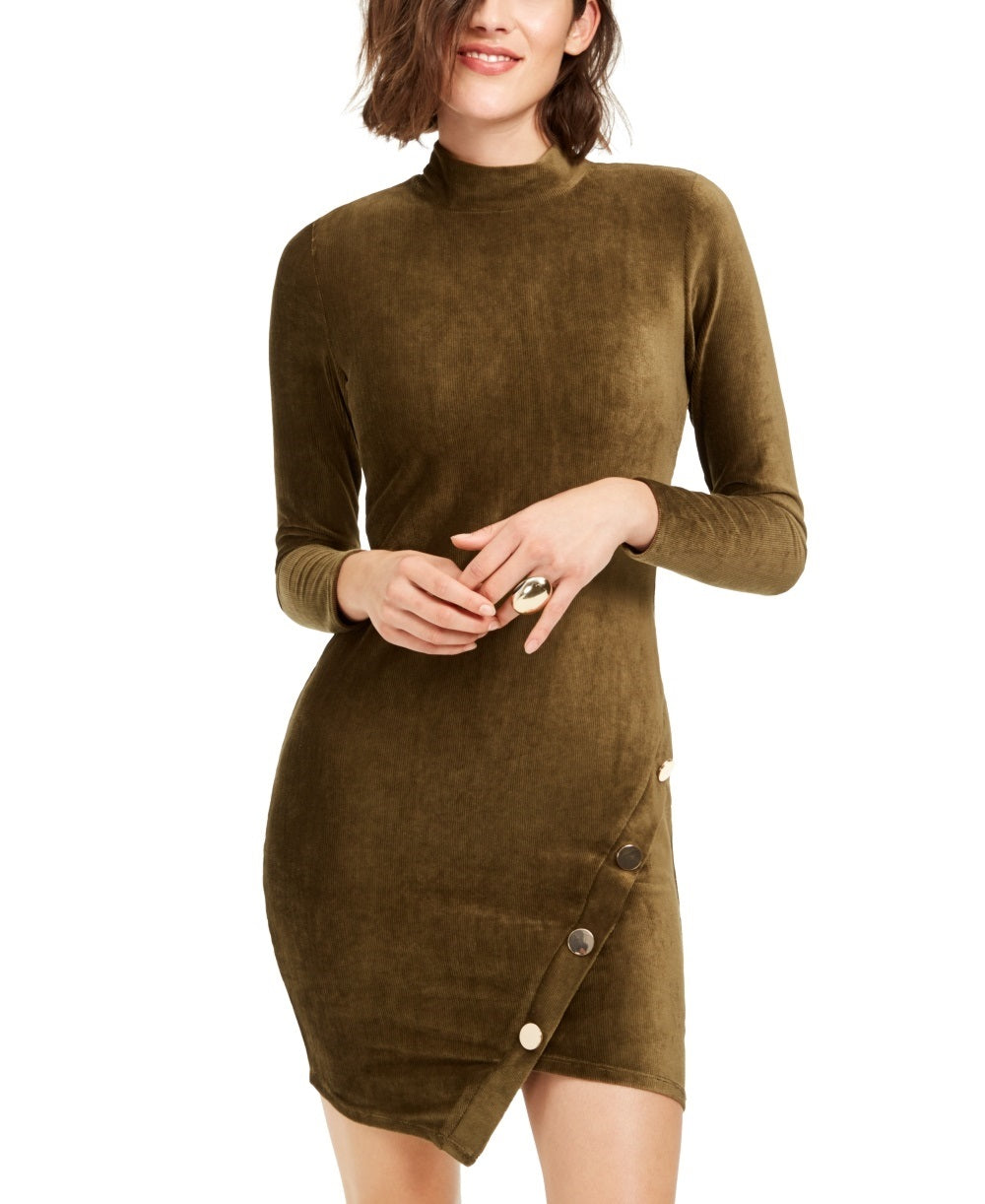 Almost Famous Junior's Corduroy Snap Bodycon Dress Green Size Large
