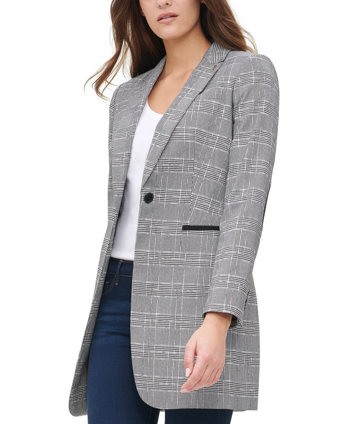 Tommy Hilfiger Women's Plaid One-Button Elbow-Patch Blazer Gray Size 8