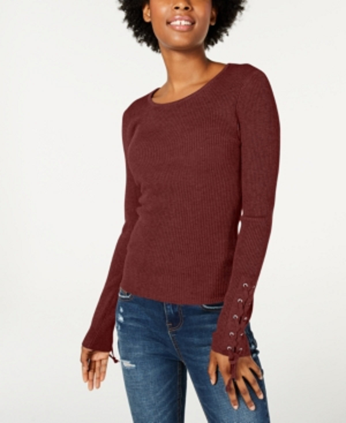 Hooked Up By Iot Juniors' Lace-Up Rib-Knit Sweater Dark Red Size X-Large
