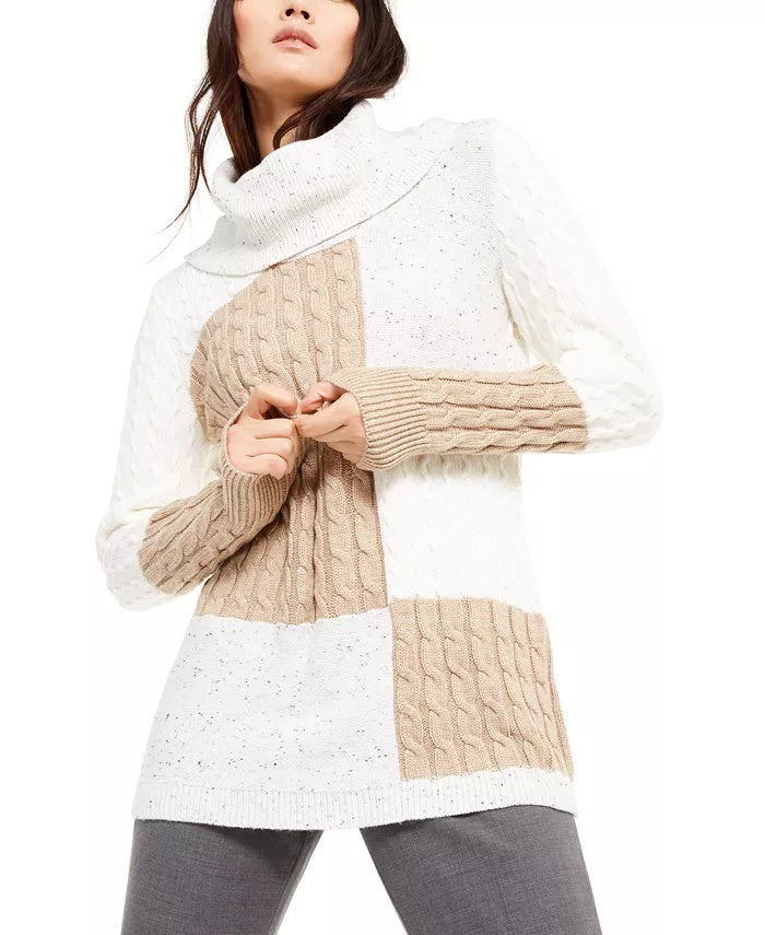 Calvin Klein Women's Mixed-Stitch Colorblocked Cowlneck Sweater White Size Small