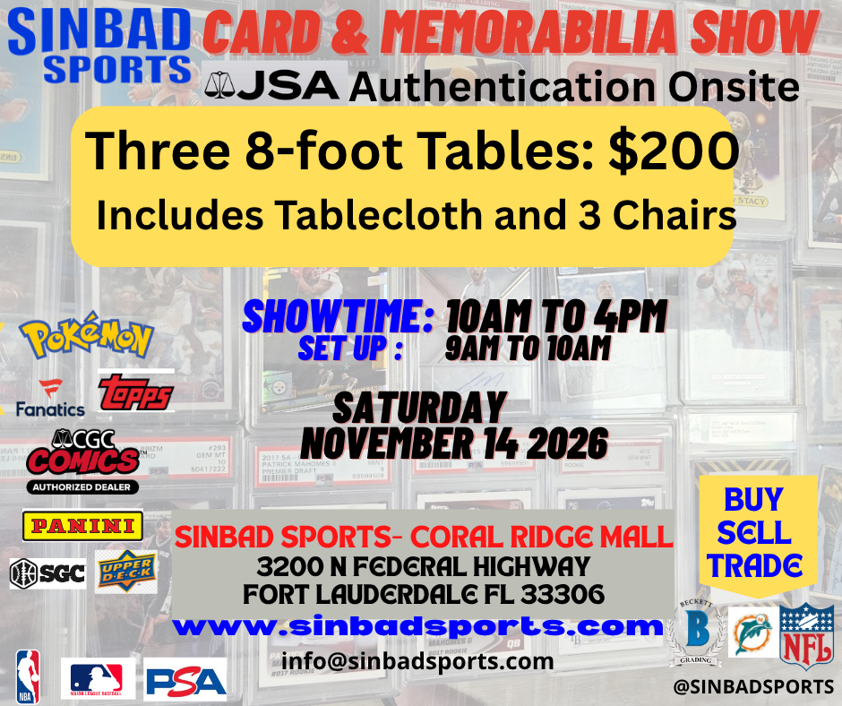 Sinbad Sports Card Show November 14 2026 - Three 8 Foot Vendor Tables