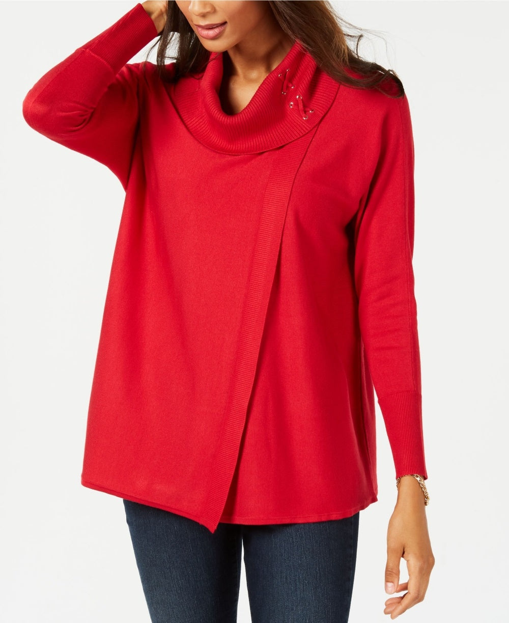 JM Collection Women's Faux Wrap Cowl Neck Sweater Red Size Large