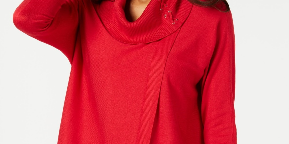 JM Collection Women's Faux Wrap Cowl Neck Sweater Red Size Large