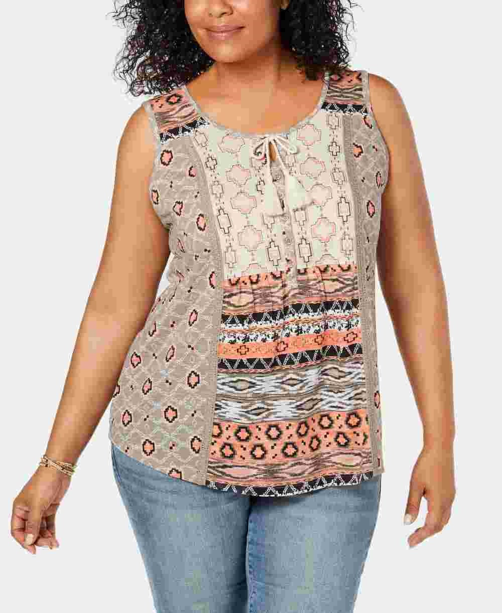 Style & Company Women's Printed Sleeveless Scoop Neck Top Dark Beige Size 1X