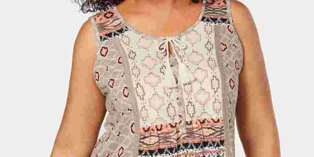 Style & Company Women's Printed Sleeveless Scoop Neck Top Dark Beige Size 1X