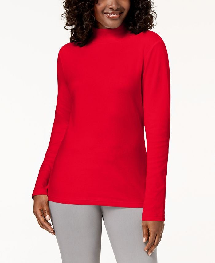 Karen Scott Women's Long-Sleeve Mock-Neck Cotton Top Red Size Petite Small