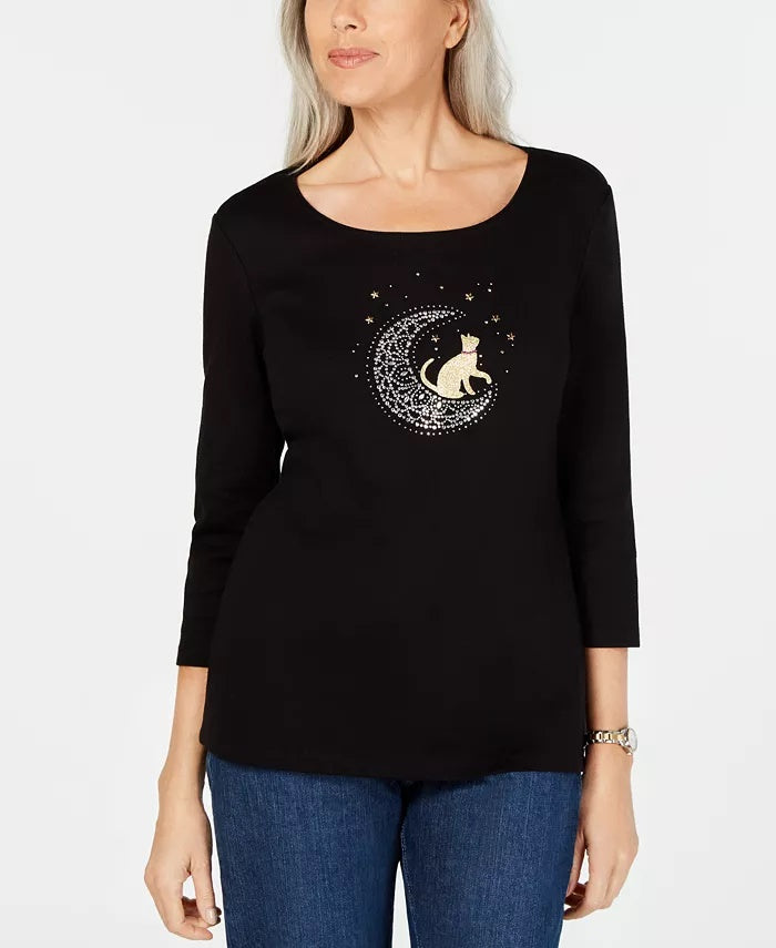 Karen Scott Women's 3/4 Sleeve Embellished Cotton Top Black Size Medium