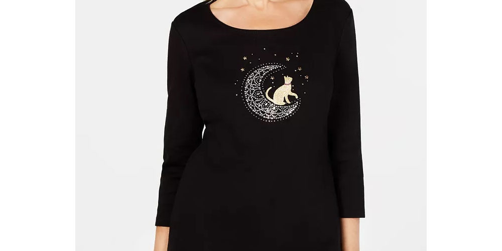 Karen Scott Women's 3/4 Sleeve Embellished Cotton Top Black Size Medium