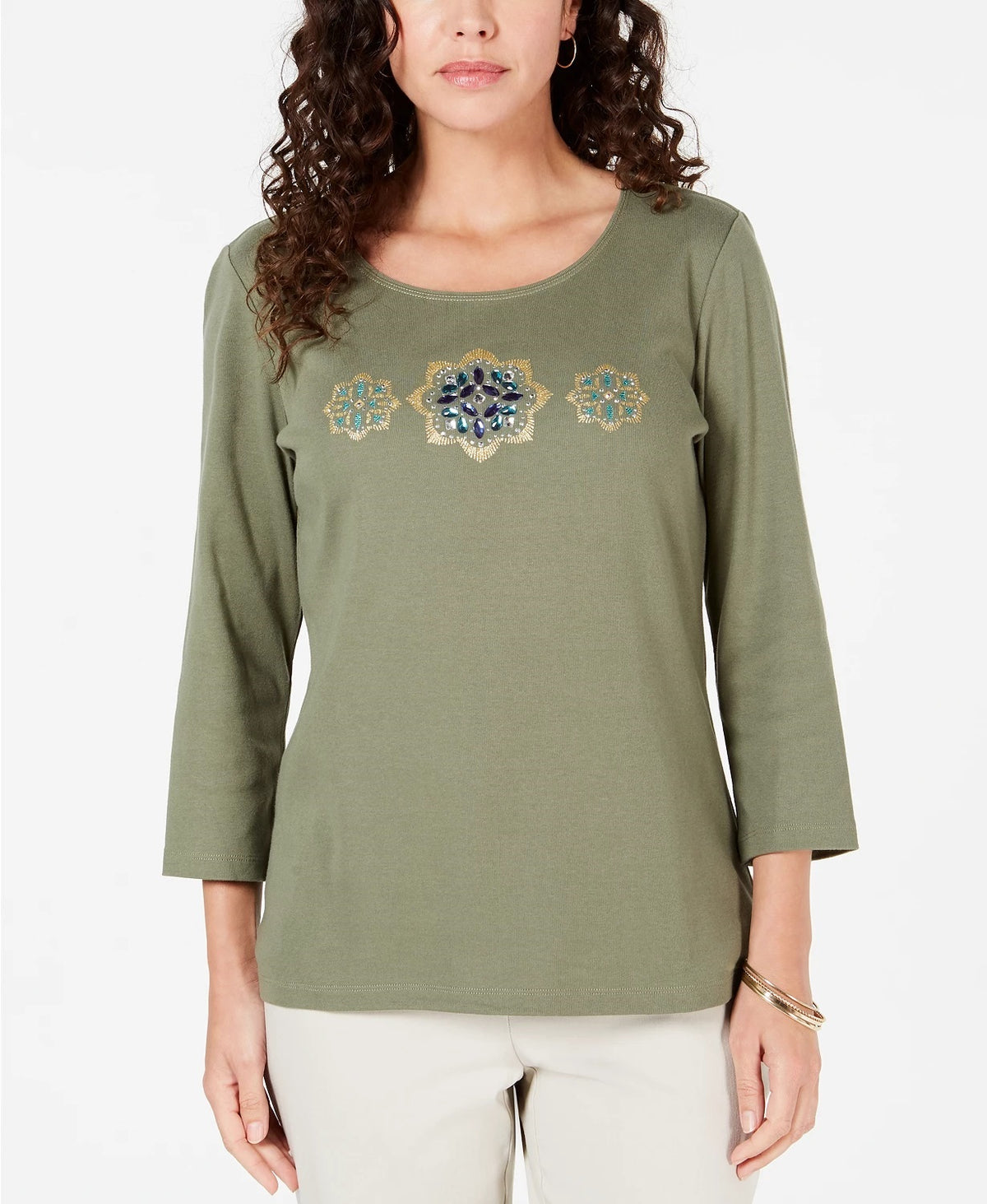 Karen Scott Women's Rhinestone Embellished Cotton Top Green Size Petite Small