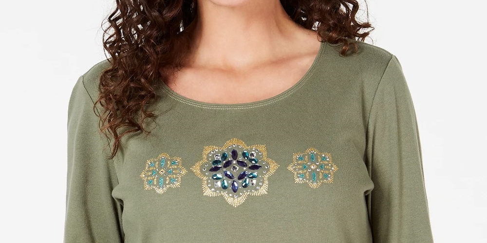 Karen Scott Women's Rhinestone Embellished Cotton Top Green Size Petite Small