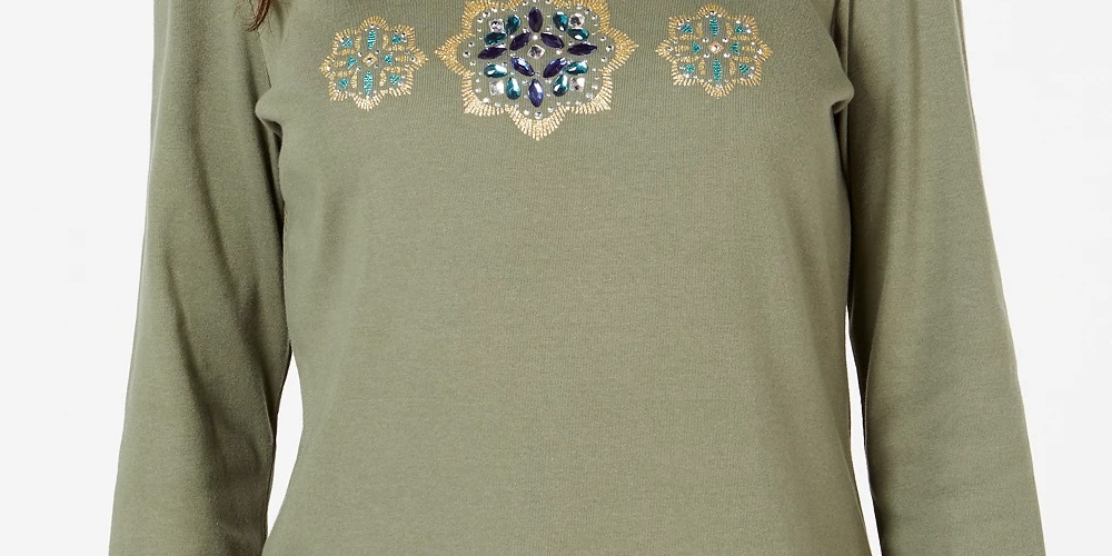 Karen Scott Women's Rhinestone Embellished Cotton Top Green Size Petite Small