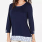 Karen Scott Women's Printed-Hem 3/4-Sleeve Top Navy Size Large