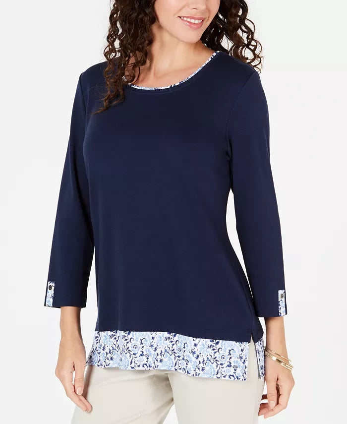 Karen Scott Women's Printed-Hem 3/4-Sleeve Top Navy Size Large