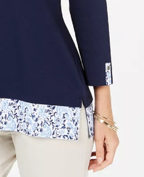 Karen Scott Women's Printed-Hem 3/4-Sleeve Top Navy Size Large