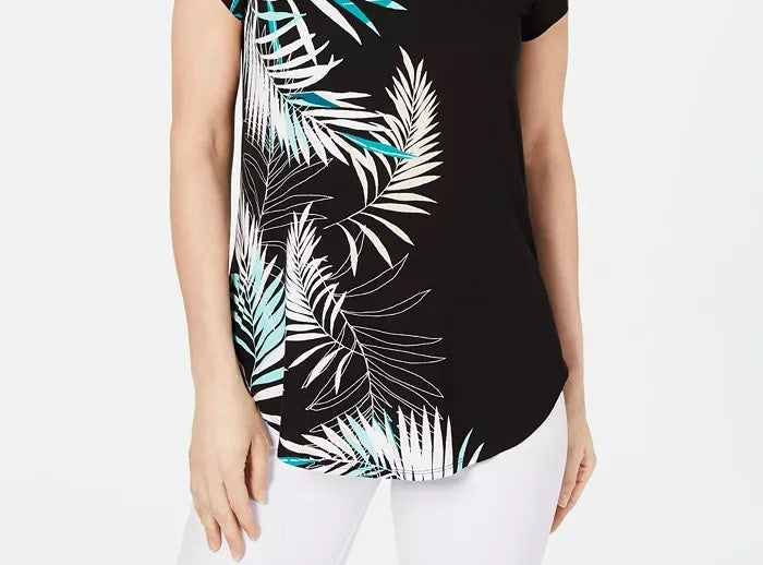 Alfani Women's Petite Printed Round-Hem T-Shirt Black Size Petite