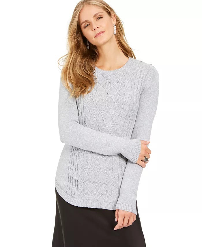 Charter Club Women's Metallic Crewneck Cable-Knit Sweater White Size Medium