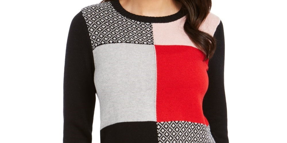 Charter Club Women's Patchwork Crewneck Sweater Black Size X-Large