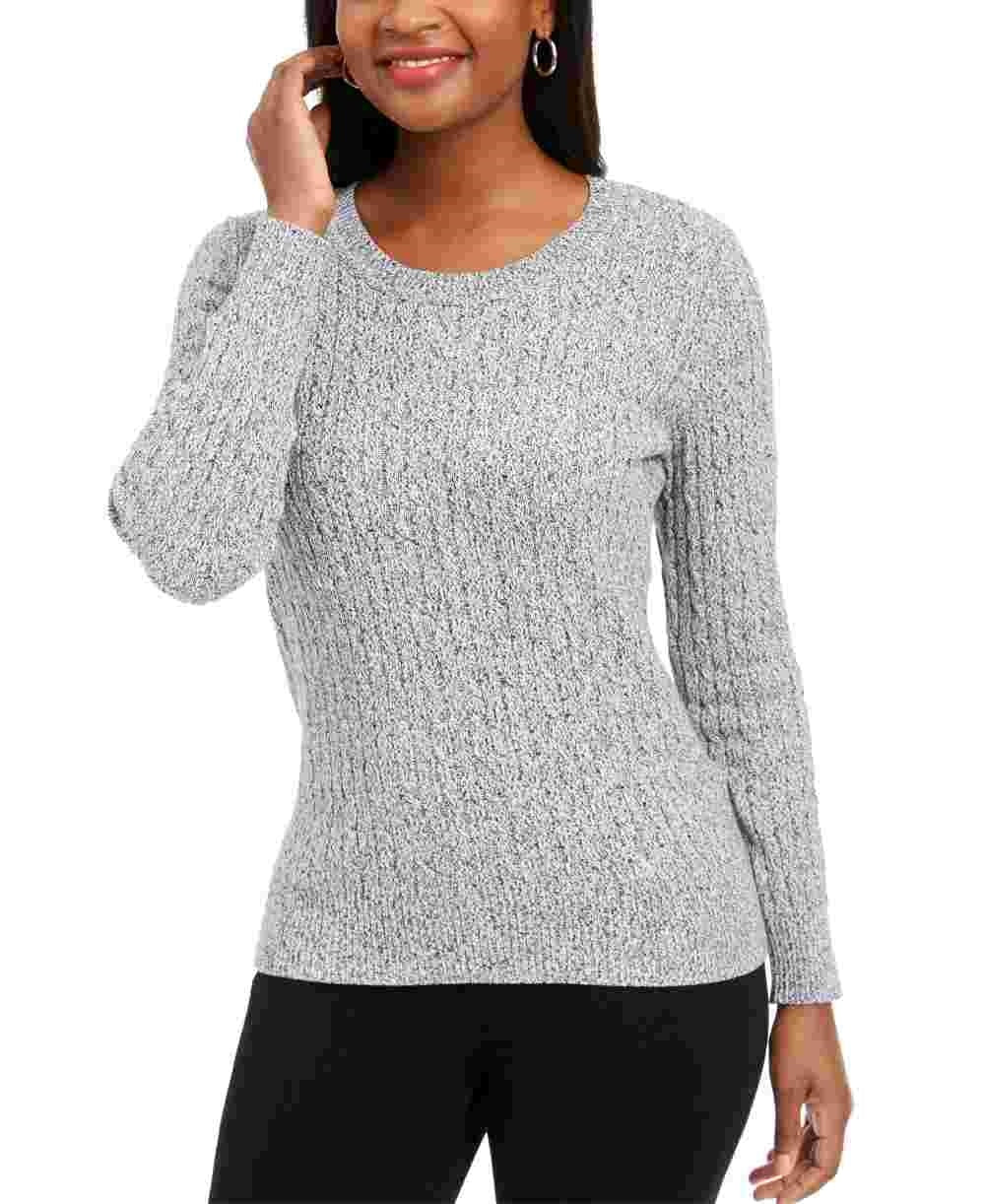 Karen Scott Women's Marled Cotton Cable Knit Sweater White SizePetite Small