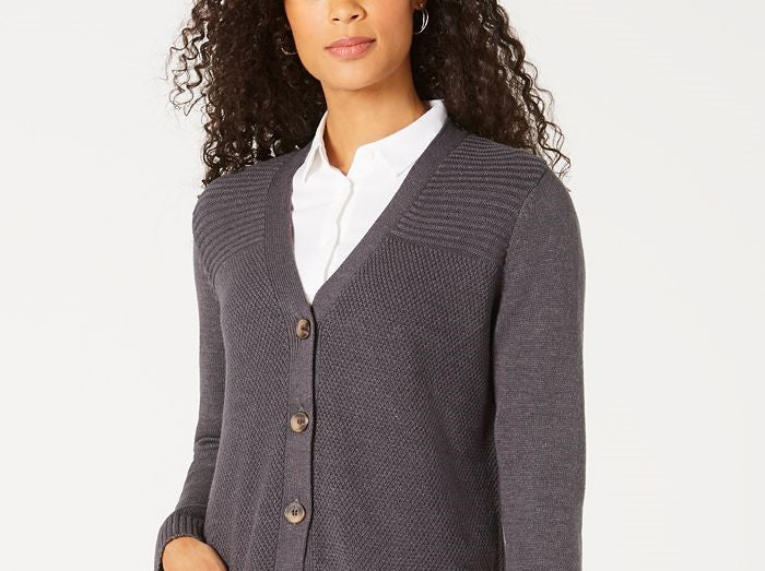 Karen Scott Women's Mixed-Stitch Button-Front Cardigan Charcoal Size Extra Small