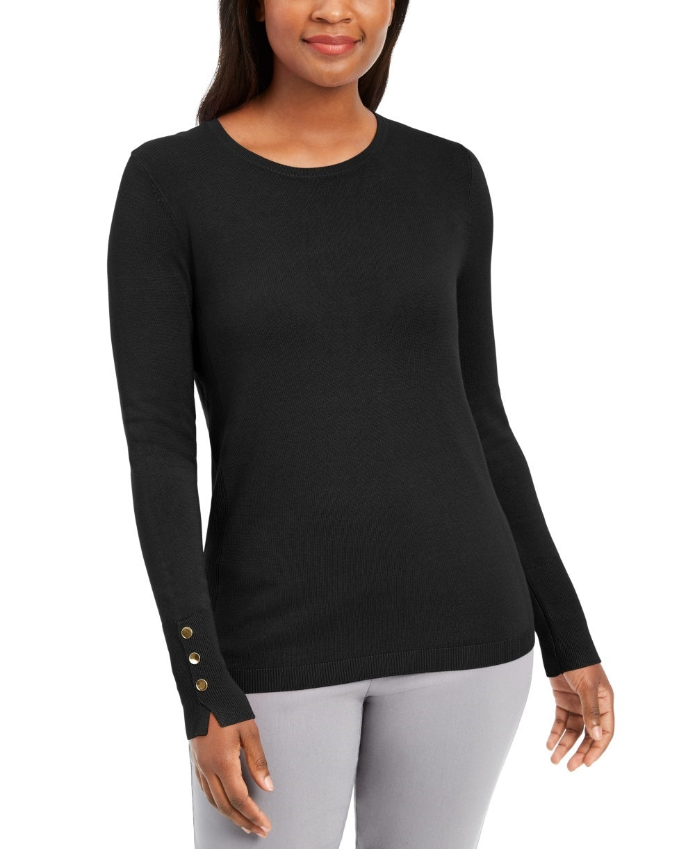 JM Collection Women's Button Cuff Crewneck Sweater Black Size Petite Large