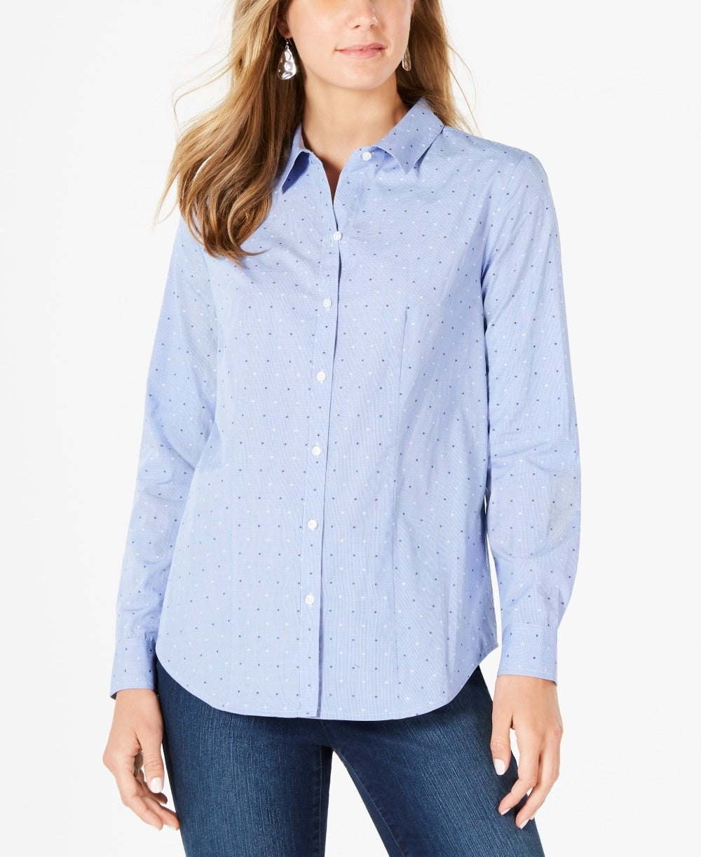 Charter Club Women's Cotton Printed Button Front Top Blue Size 10