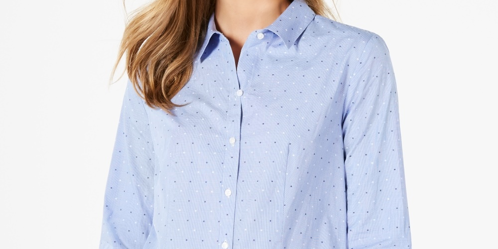 Charter Club Women's Cotton Printed Button Front Top Blue Size 10