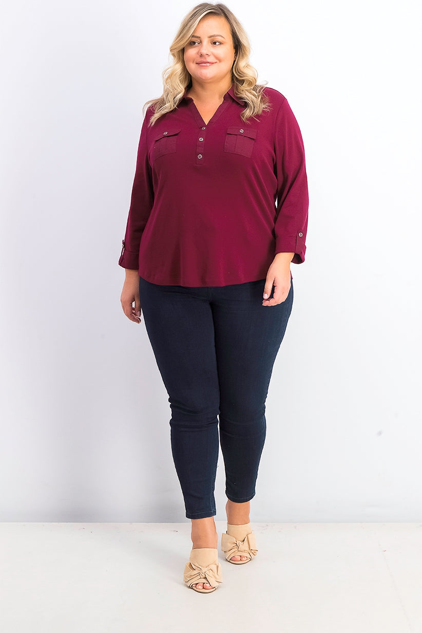 Karen Scott Women's Plus Size Cotton 3/4-Sleeve Polo Top Red Size 2X