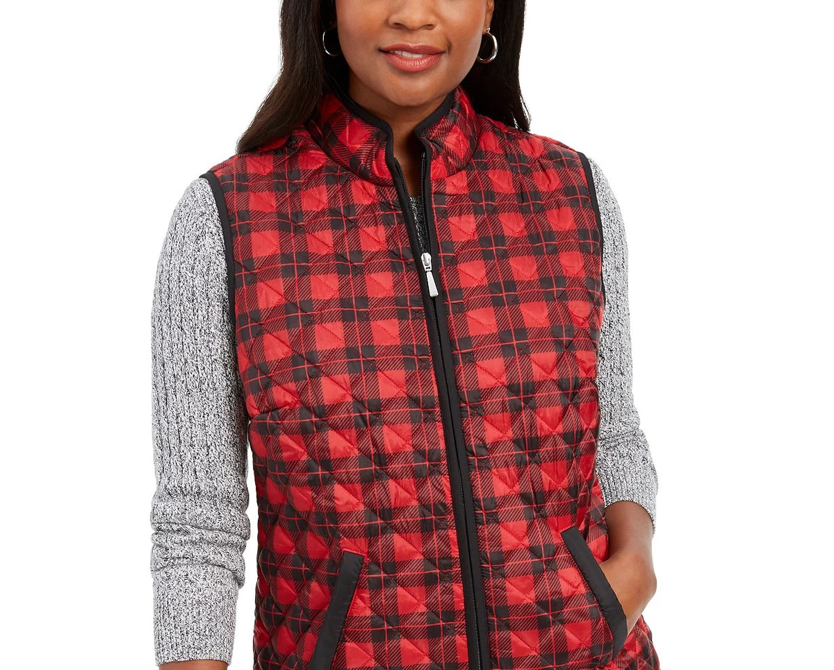 Karen Scott Women's Sport Plaid Puffer Vest  Bright Red Size X-Small